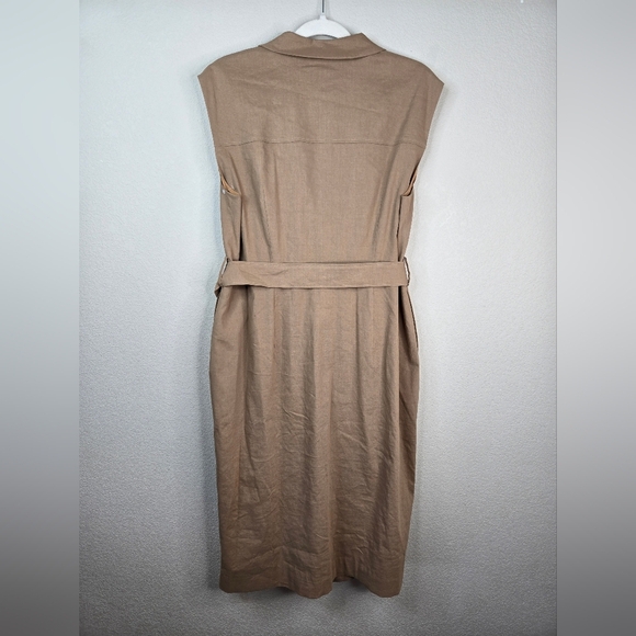 Boss Womens Career Dress Sz 14 Faux Wrap Linen Blend Pockets Lined Beige Belted - Picture 8 of 16